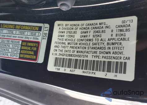 2013 Honda Civic Ex из США, поврежденный, VIN 2HGFG3B83DH507374